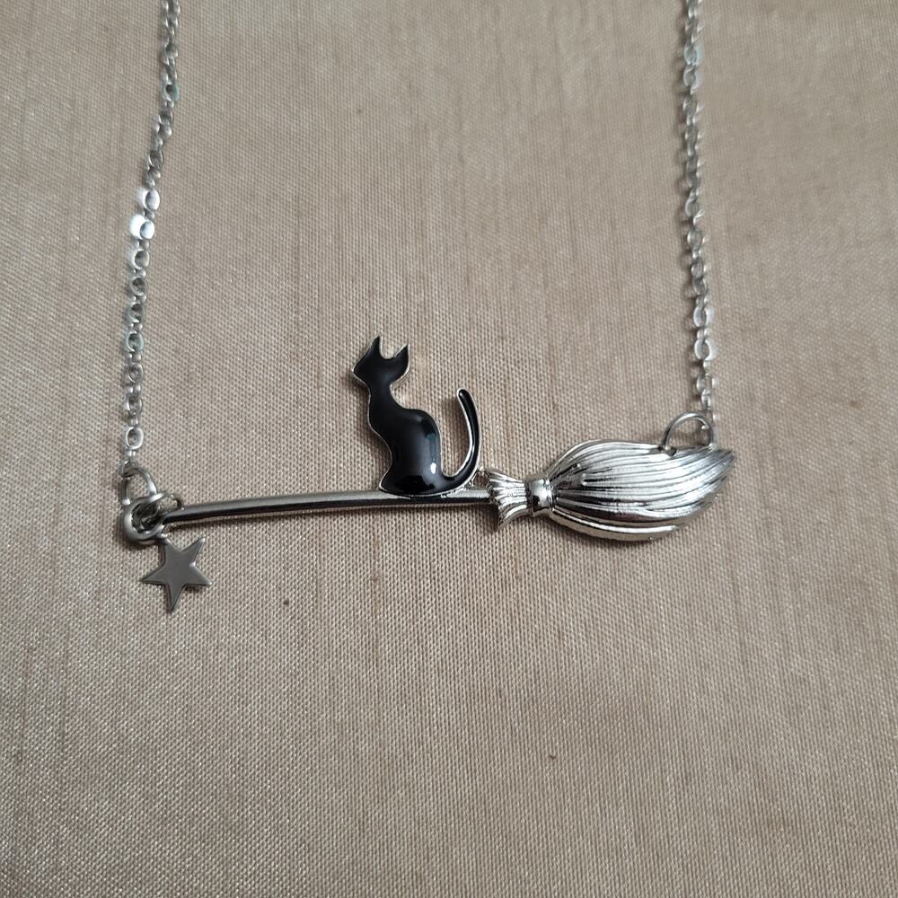 Black cat riding witches broom cute halloween necklace